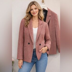 GAP Houndstooth Wool Blend Blazer Red Cream Double Breasted Jacket Casual Sz 20